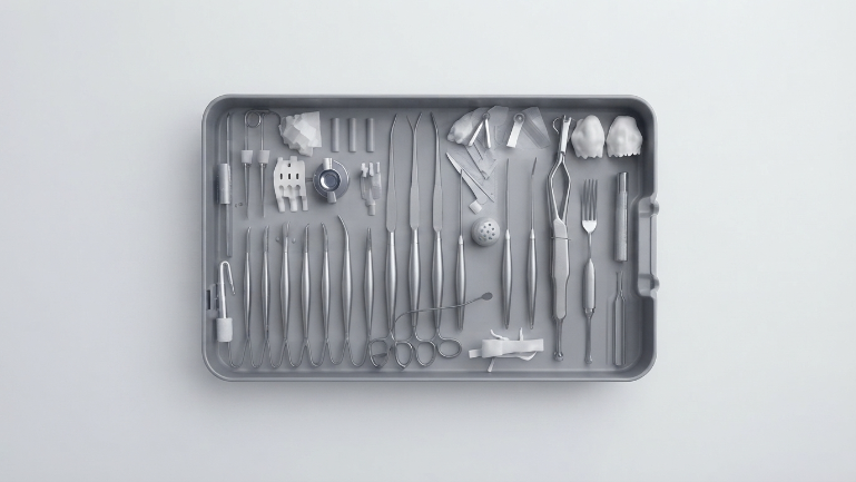 Annotated surgical instrument tray, hover any instrument to identify it