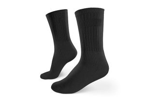 Blank black socks design mockup, isolated, clipping path. Pair sport crew cotton socks wear mock up. Long clear soft cloth stand presentation. Men basketball, football, tennis plain apparel template.